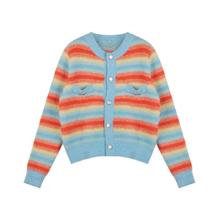 OEM Factory Custom Frühling Herbst Casual Damen Mohair Regenbogen Strickpullover Mantel Tops Cardigan für Damen
