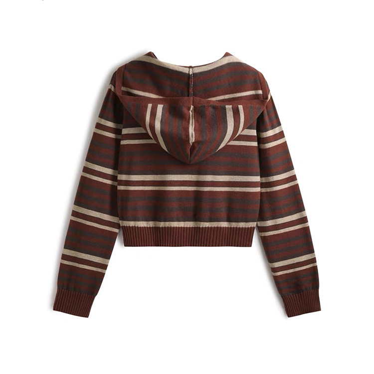 OEM Factory Custom Herbst Winter Casual Damen Strickwaren Reißverschluss gestreift mit Kapuze Damen Strickpullover Mantel Strickjacke