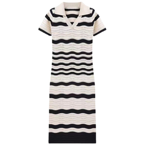 OEM Factory Custom Frühling Sommer Slim Kurzarm V-Ausschnitt Gestreiftes Damen Langes Strickpulloverkleid