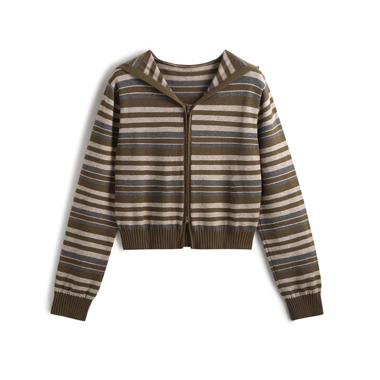OEM Factory Custom Herbst Winter Casual Damen Strickwaren Reißverschluss gestreift mit Kapuze Damen Strickpullover Mantel Strickjacke