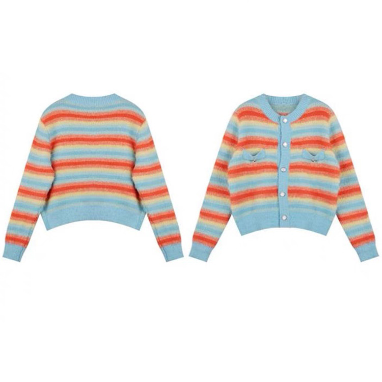 OEM Factory Custom Frühling Herbst Casual Damen Mohair Regenbogen Strickpullover Mantel Tops Cardigan für Damen