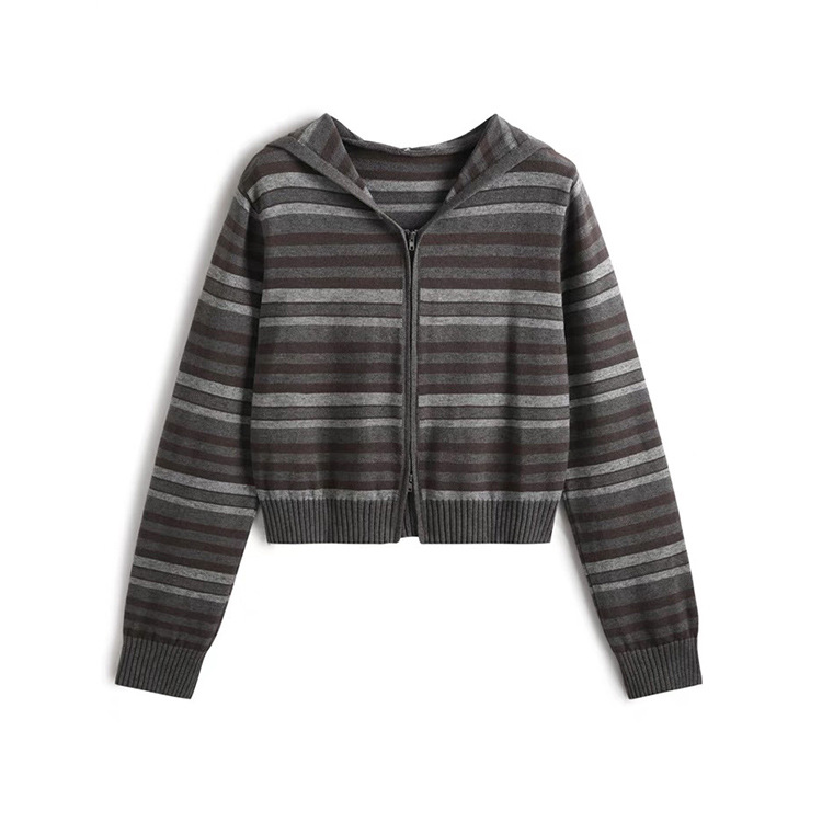 OEM Factory Custom Herbst Winter Casual Damen Strickwaren Reißverschluss gestreift mit Kapuze Damen Strickpullover Mantel Strickjacke