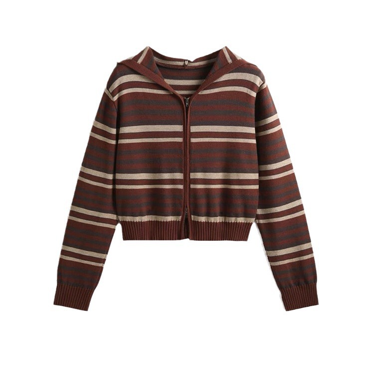 OEM Factory Custom Herbst Winter Casual Damen Strickwaren Reißverschluss gestreift mit Kapuze Damen Strickpullover Mantel Strickjacke