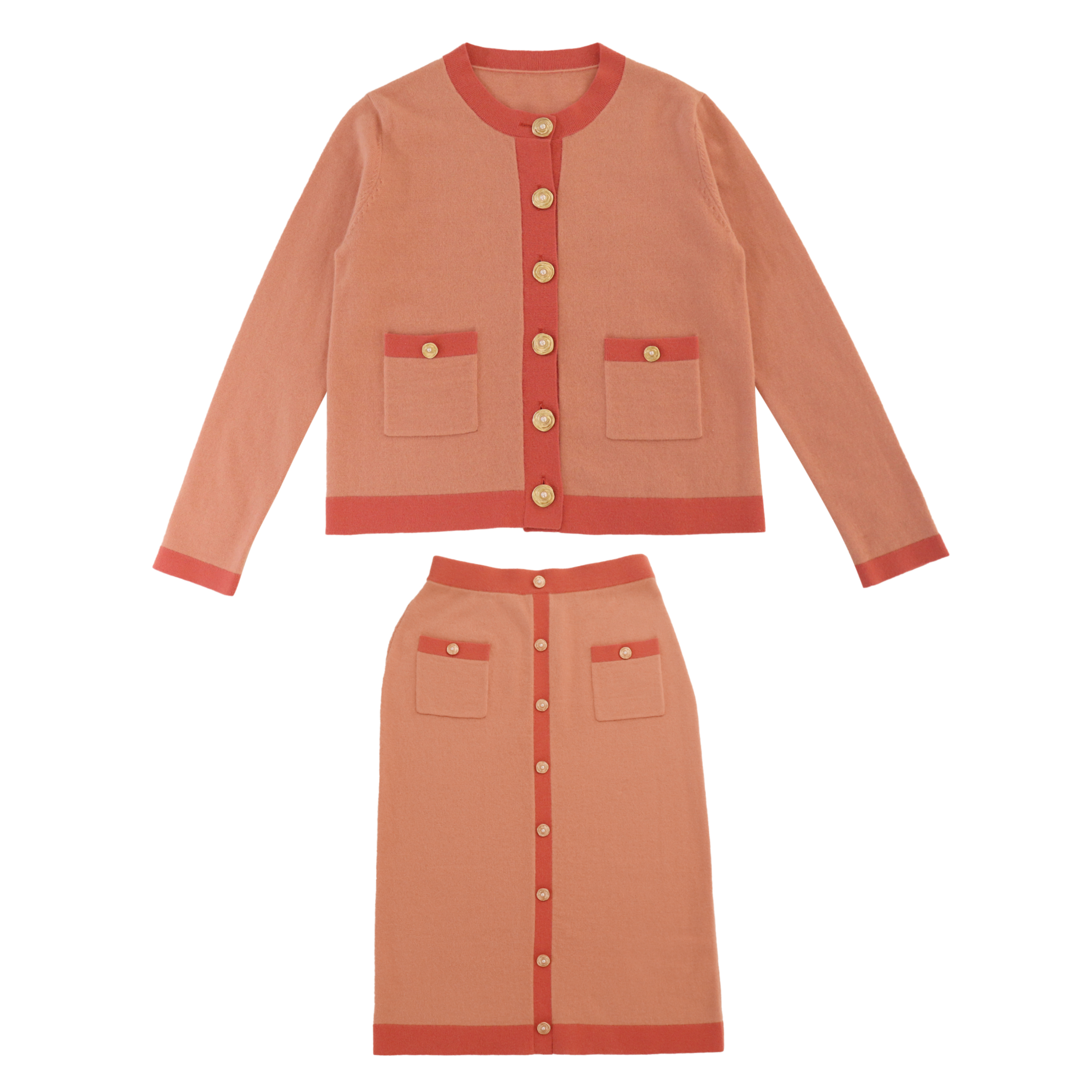 OEM Custom Winter Langarm Pullover Cardigan Top Rock zweiteiliges Damen Strickset