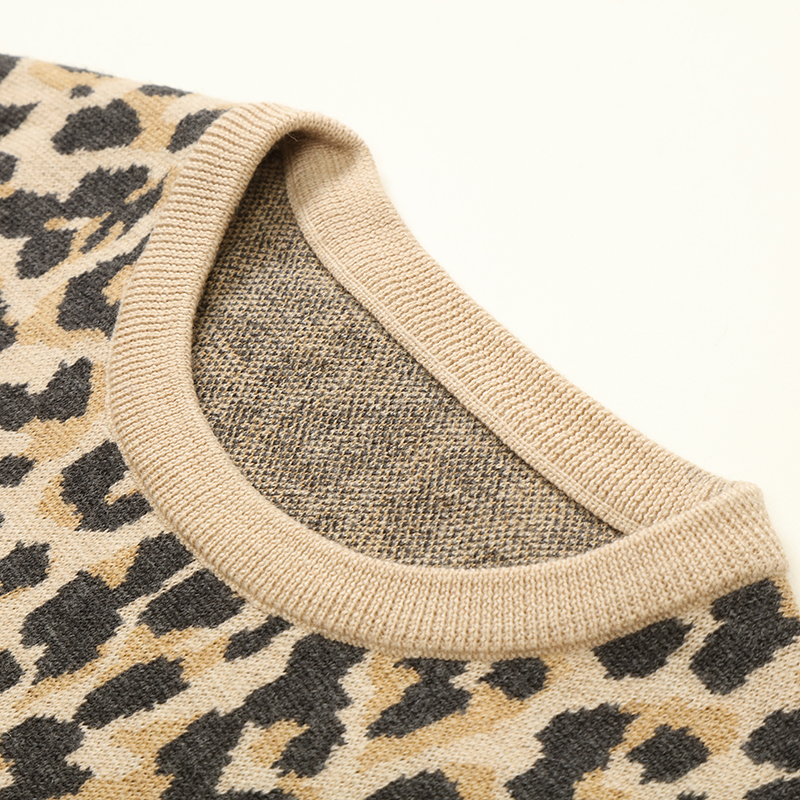 OEM Custom Factory Strickwaren Damen Damen gestrickte Jacquard-Pullover mit Leopardenmuster 