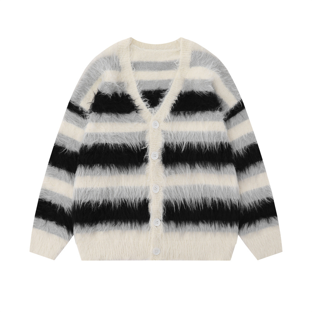 Benutzerdefinierte Herren Mohair Fuzzy Strickwaren Langarm Strick Herbst Winter Gestreifter Mohair Cardigan Pullover