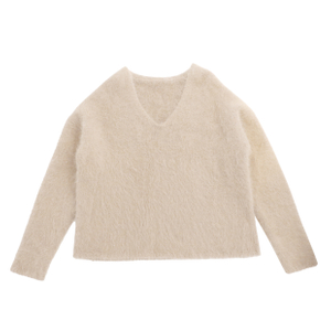 Herbst Winter OEM Factory Custom Langarm Wolle V-Ausschnitt Beige Damen Pullover Strickpullover