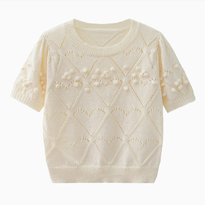 OEM Factory Custom Sommer Designer Damen Strickwaren Ausgehöhlte Kurzarm Damen Strickshirt Tops Pullover 