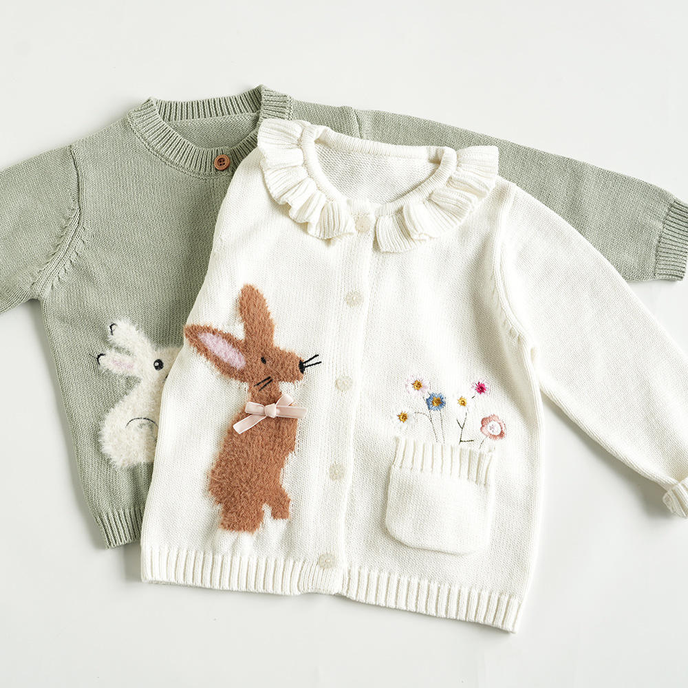 Soem-kundenspezifischer langärmliger Winter-Kaninchenstrick-Cardigan-Pullover-Mantel des Mädchens mit Knöpfen für Kindermädchen