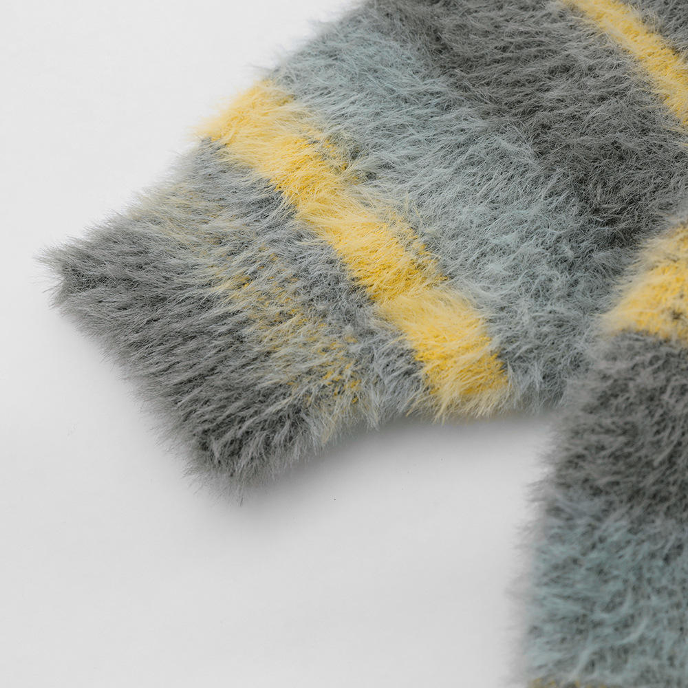 OEM Custom Herbst Winter Herren weiche Mohair Strickwaren V-Ausschnitt stricken gestreiften Mantel Strickjacke 