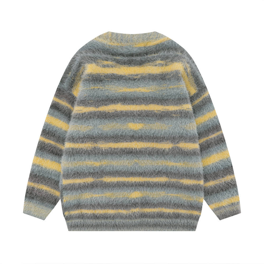 OEM Custom Herbst Winter Herren weiche Mohair Strickwaren V-Ausschnitt stricken gestreiften Mantel Strickjacke 