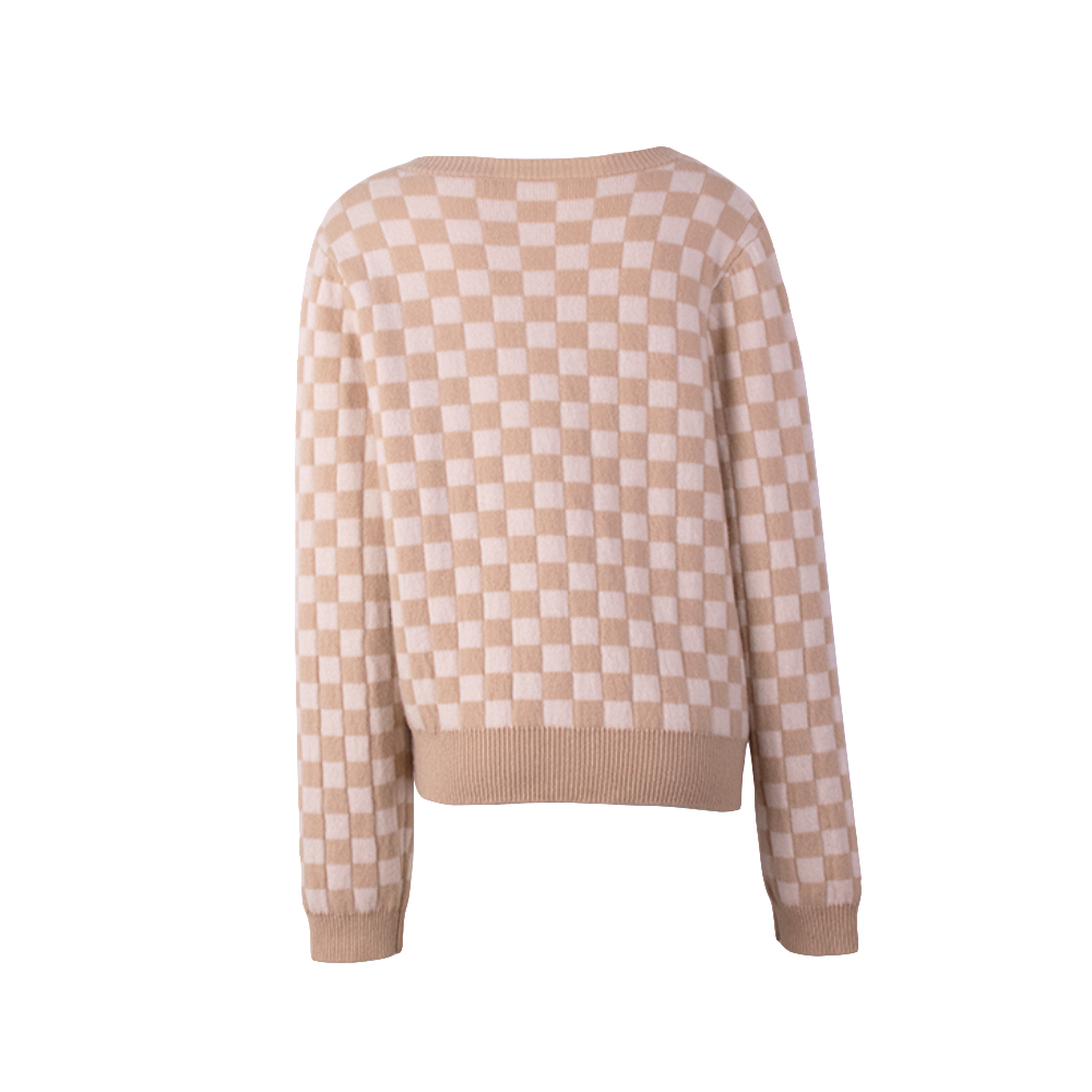 OEM-Fertigung kundenspezifische Herbst-Winter-Strickwaren, kariert, gestrickt, langärmelig, Damen-Pullover, Mantel, Strickjacke